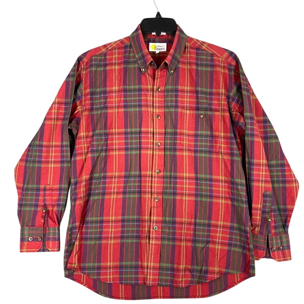 Vintage Southern Classics Men's L Red Plaid Button Down Shirt Casual Coastal 70s